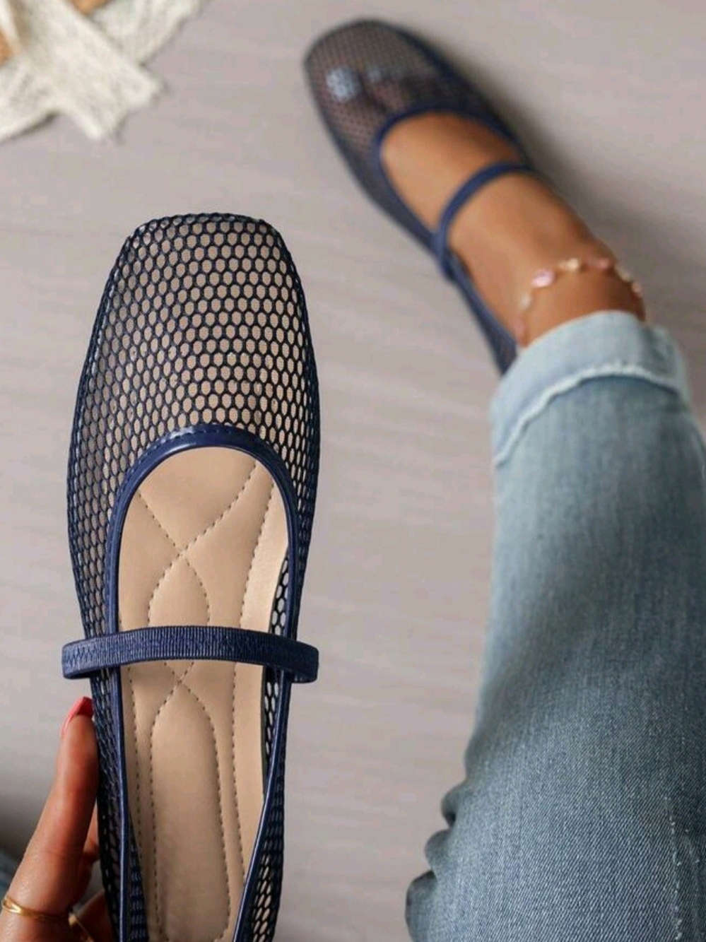 Women's Navy Mesh Mary Jane Flats